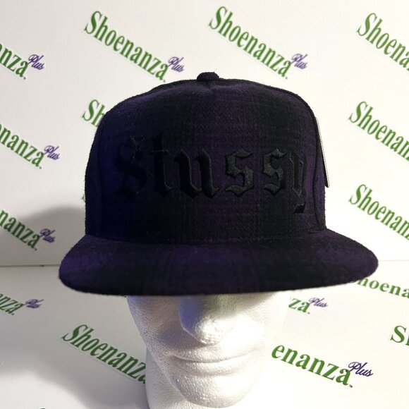Stussy Hat Adjustable Snapback Hombre Plaid Cap Flat Brim Purple Black OSFM - Picture 1 of 8